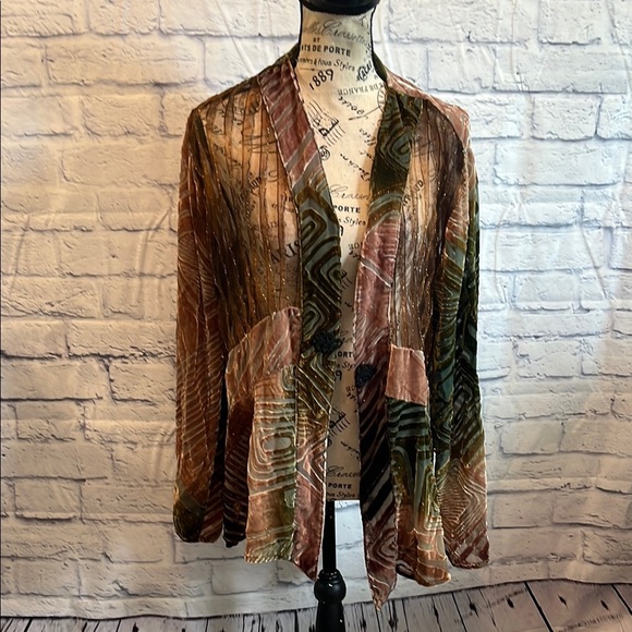 Chico’s Velvet Burnout Jacket Kimono Metallic Sheer Knot Closure Boho - Picture 1 of 7
